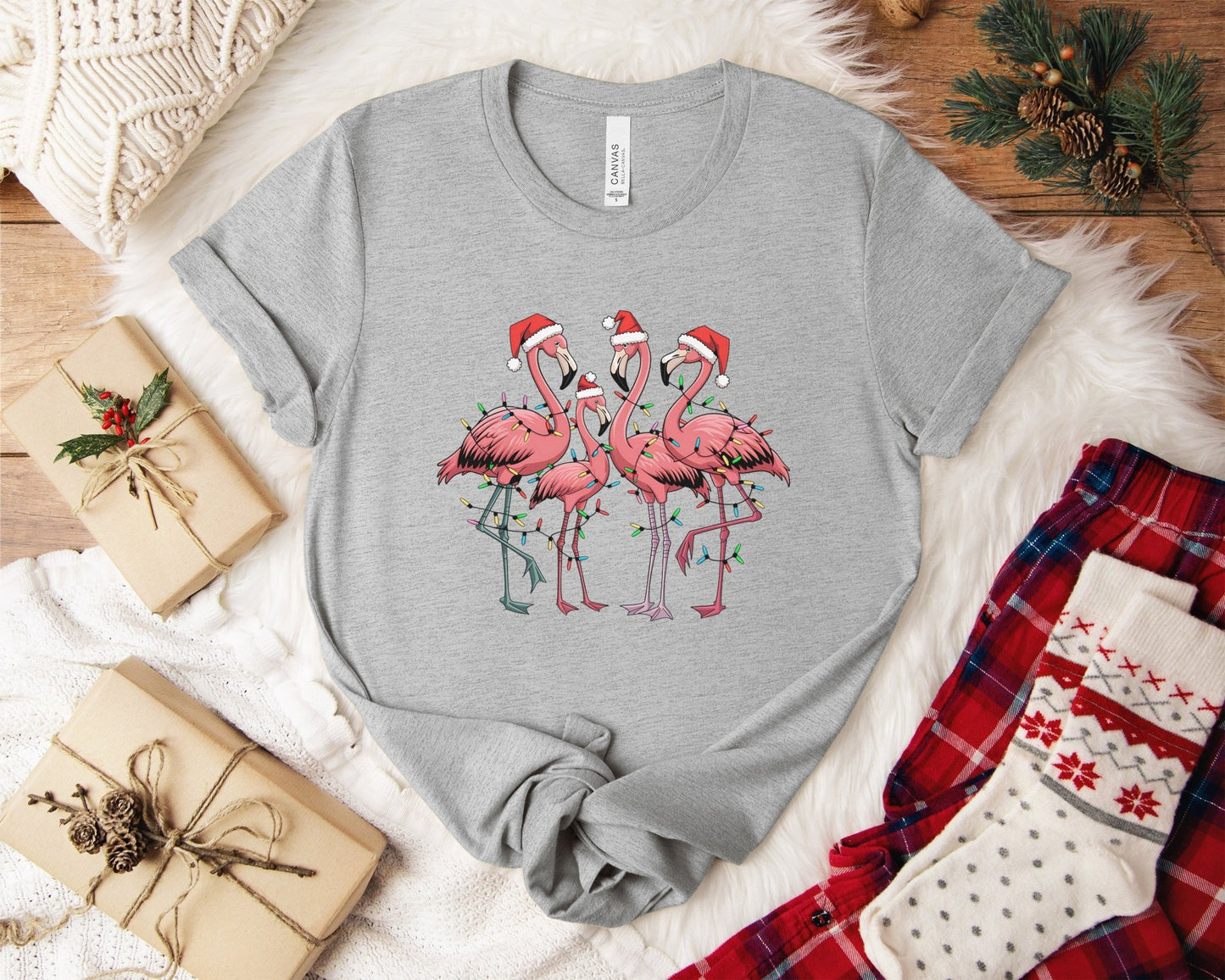 Christmas Flamingo Lights Shirt, Funny Christmas Unisex Shirt, Xmas Animal Shirt, Holiday Shirt, Flamingo Shirt, Santa Hat Tee, Gift for