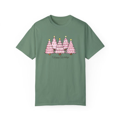 Happy Holidays Pink Tree Shirt, Pink Christmas Comfort Tee, Women Christmas Shirt, Pink Trees Xmas Shirt, Cold Season Apparel, Holiday Gift