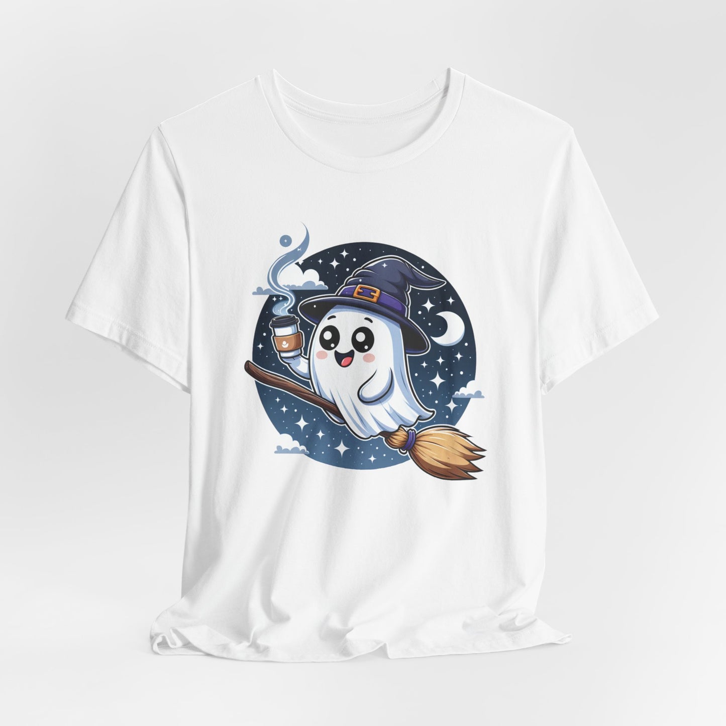 Ghost flying with Coffee Halloween Shirt, Halloween Women's Mens Shirt, Cute Halloween Ghost Shirt, Trick or Treat Shirt, Halloween Gift