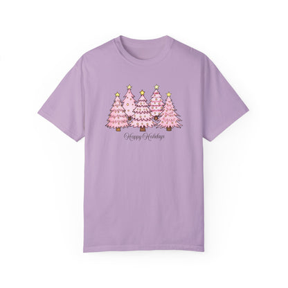 Happy Holidays Pink Tree Shirt, Pink Christmas Comfort Tee, Women Christmas Shirt, Pink Trees Xmas Shirt, Cold Season Apparel, Holiday Gift