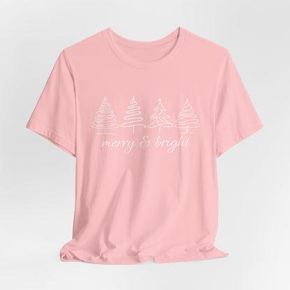 Merry & Bright Christmas Trees Shirt, Summer Christmas Shirt, Holiday Tree Tee, Unisex Festive Shirt, Bella Canvas 3001, Women Christmas Tee