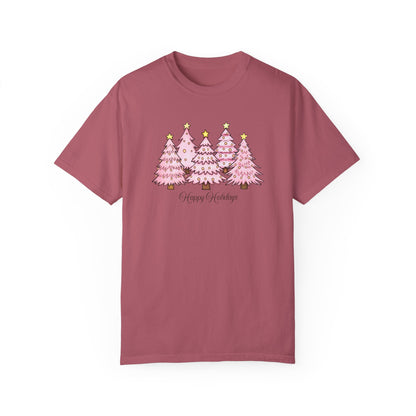 Happy Holidays Pink Tree Shirt, Pink Christmas Comfort Tee, Women Christmas Shirt, Pink Trees Xmas Shirt, Cold Season Apparel, Holiday Gift