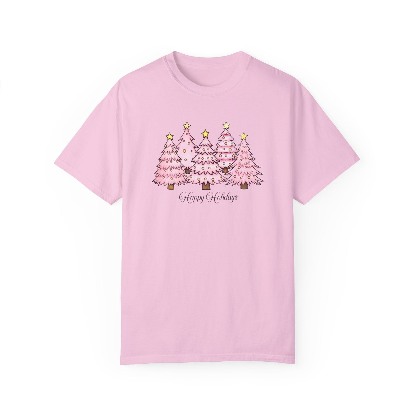 Happy Holidays Pink Tree Shirt, Pink Christmas Comfort Tee, Women Christmas Shirt, Pink Trees Xmas Shirt, Cold Season Apparel, Holiday Gift