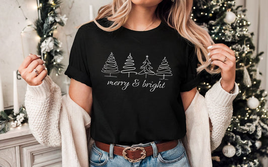 Merry & Bright Christmas Trees Shirt, Summer Christmas Shirt, Holiday Tree Tee, Unisex Festive Shirt, Bella Canvas 3001, Women Christmas Tee