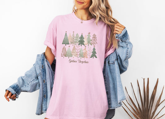 Women's Christmas Shirt, Christmas Vibes Shirt, Gather Together Shirt, Vintage Trees Unisex T-Shirt, Comfort Colors® Shirt, Holiday Shirt