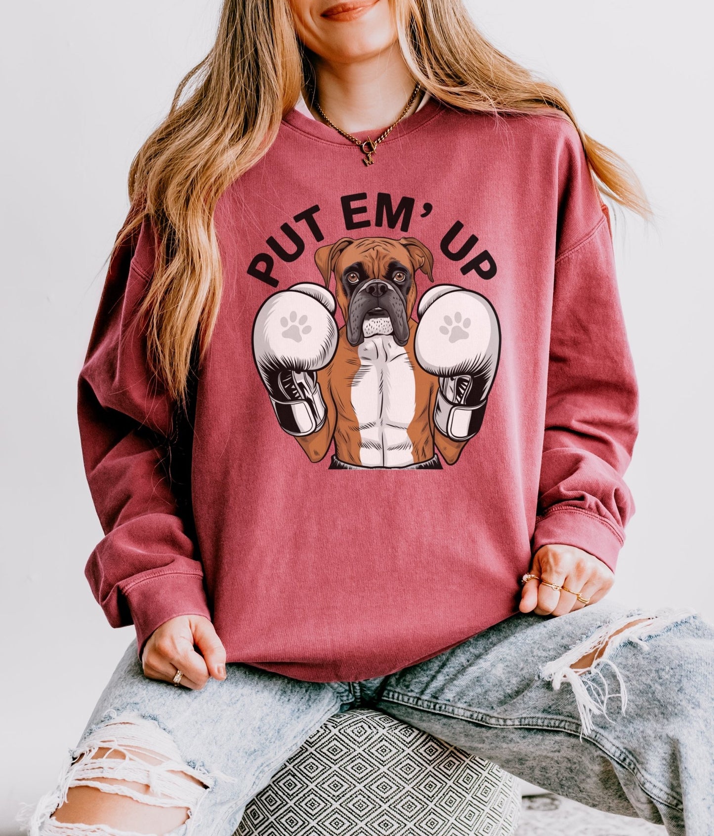 Boxer with Gloves, Put Em Up Cute Dog Lover Sweatshirt