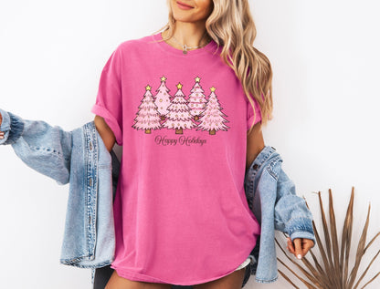 Happy Holidays Pink Tree Shirt, Pink Christmas Comfort Tee, Women Christmas Shirt, Pink Trees Xmas Shirt, Cold Season Apparel, Holiday Gift