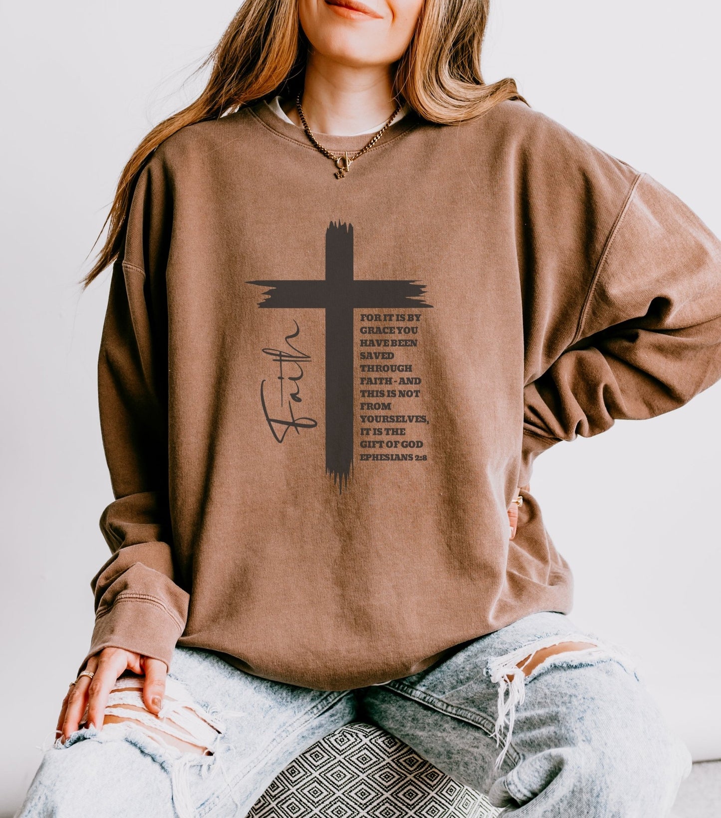 Faith Ephesians 2:8 Sweatshirt, Christian Sweatshirt, Women Casual Crewneck, Sign Cross Sweatshirt, Christian Apparel Religious Sweatshirt