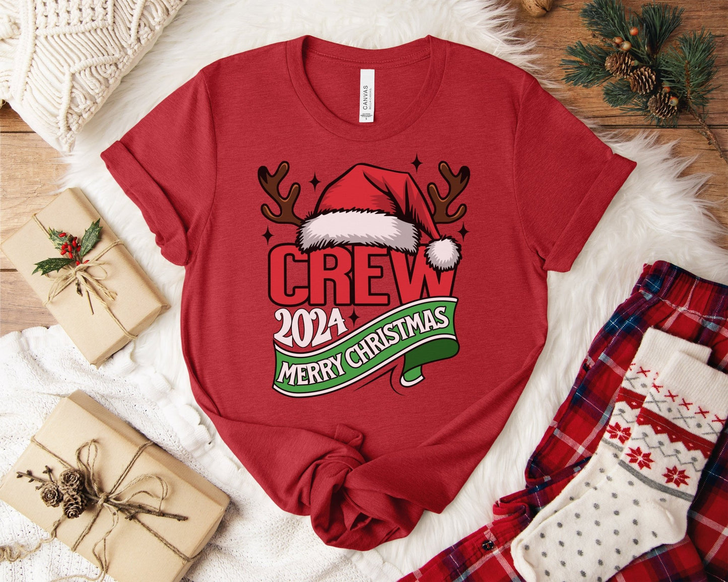 Merry Christmas Family Shirts, Santa Claus with Hat Antlers Unisex Shirt, Reindeer Women Christmas Tee, 2024 Xmas Crew Shirt, Holiday Outfit