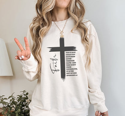 Faith Ephesians 2:8 Sweatshirt, Christian Sweatshirt, Women Casual Crewneck, Sign Cross Sweatshirt, Christian Apparel Religious Sweatshirt