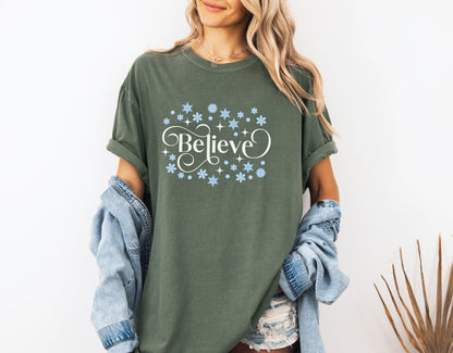 Comfort Colors Shirt, Believe Christmas Shirt, Christmas Party Tee, Christmas Family Shirt, Believe Shirt, Holiday Gift, Women Christmas Tee