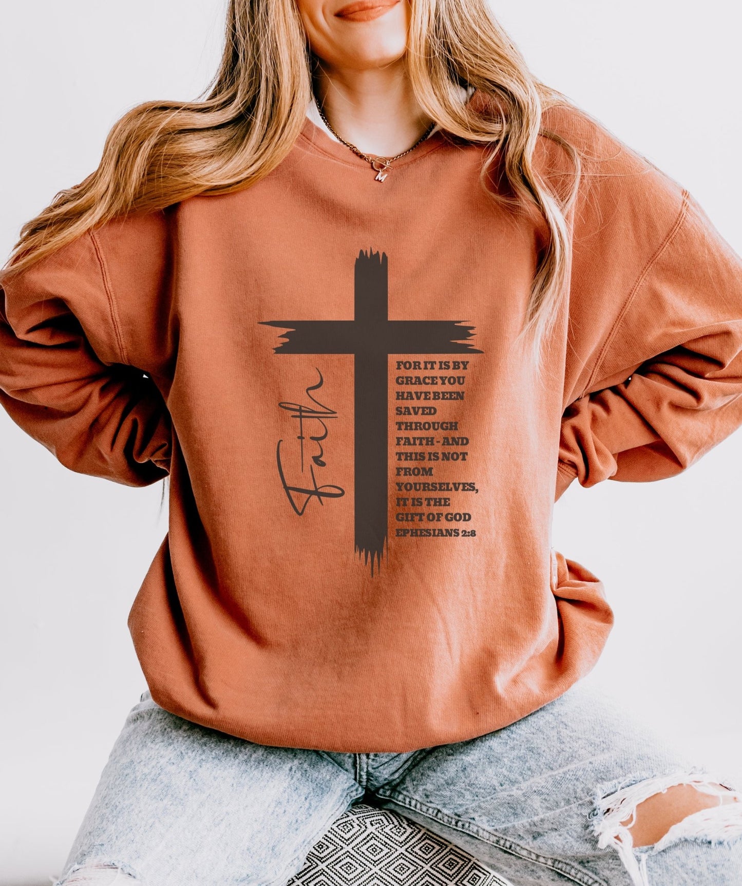 Faith Ephesians 2:8 Sweatshirt, Christian Sweatshirt, Women Casual Crewneck, Sign Cross Sweatshirt, Christian Apparel Religious Sweatshirt