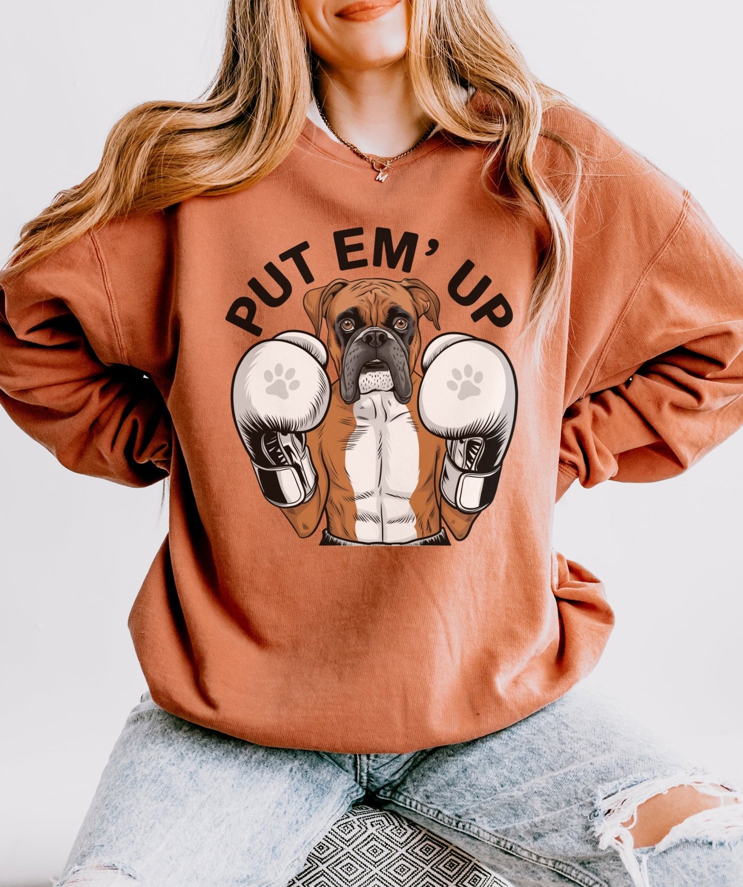 Boxer with Gloves, Put Em Up Cute Dog Lover Sweatshirt